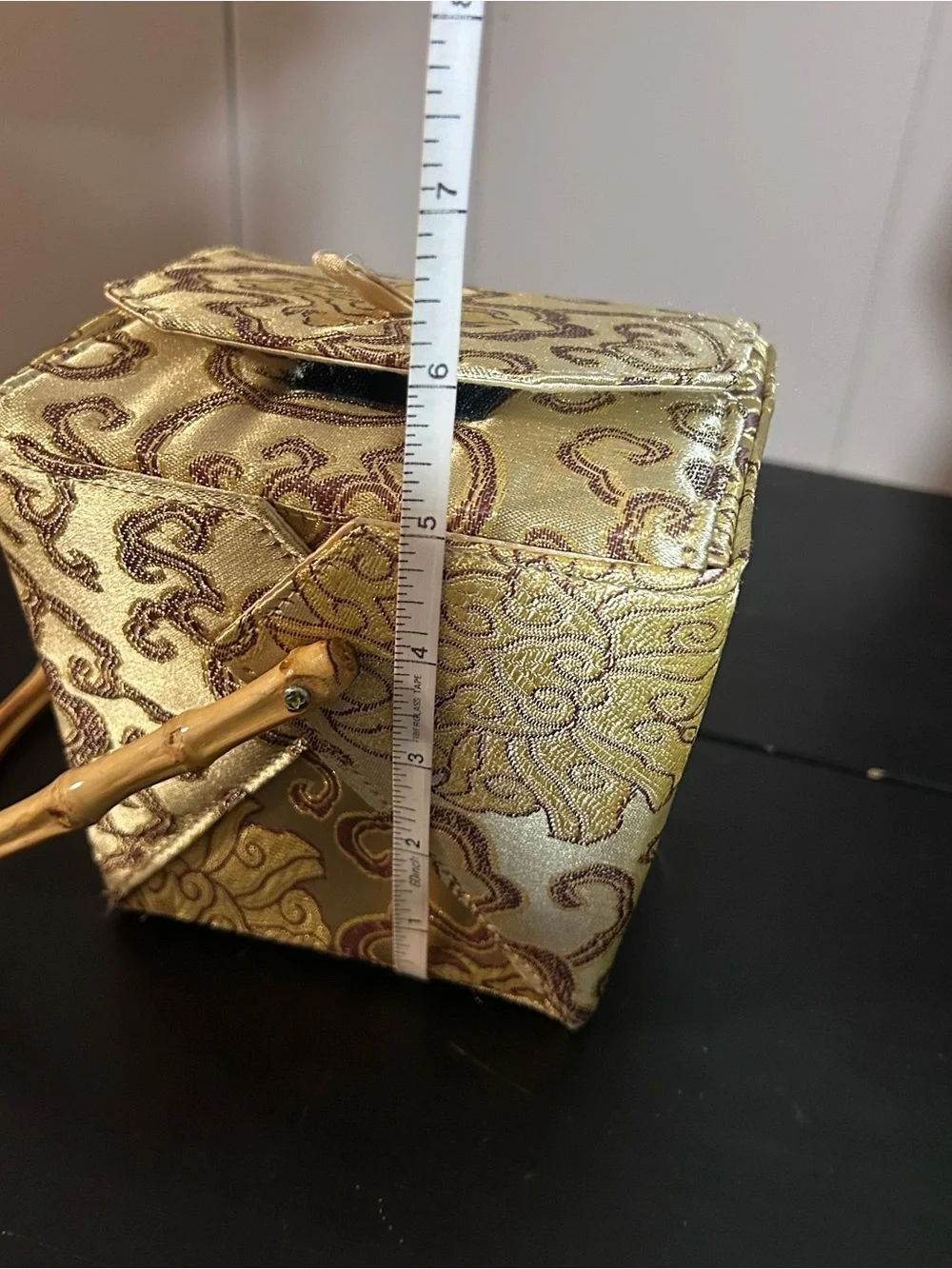 Asian Brocade Vanity Box Bamboo Handle Mirror Jewelry Sewing Trinket Box